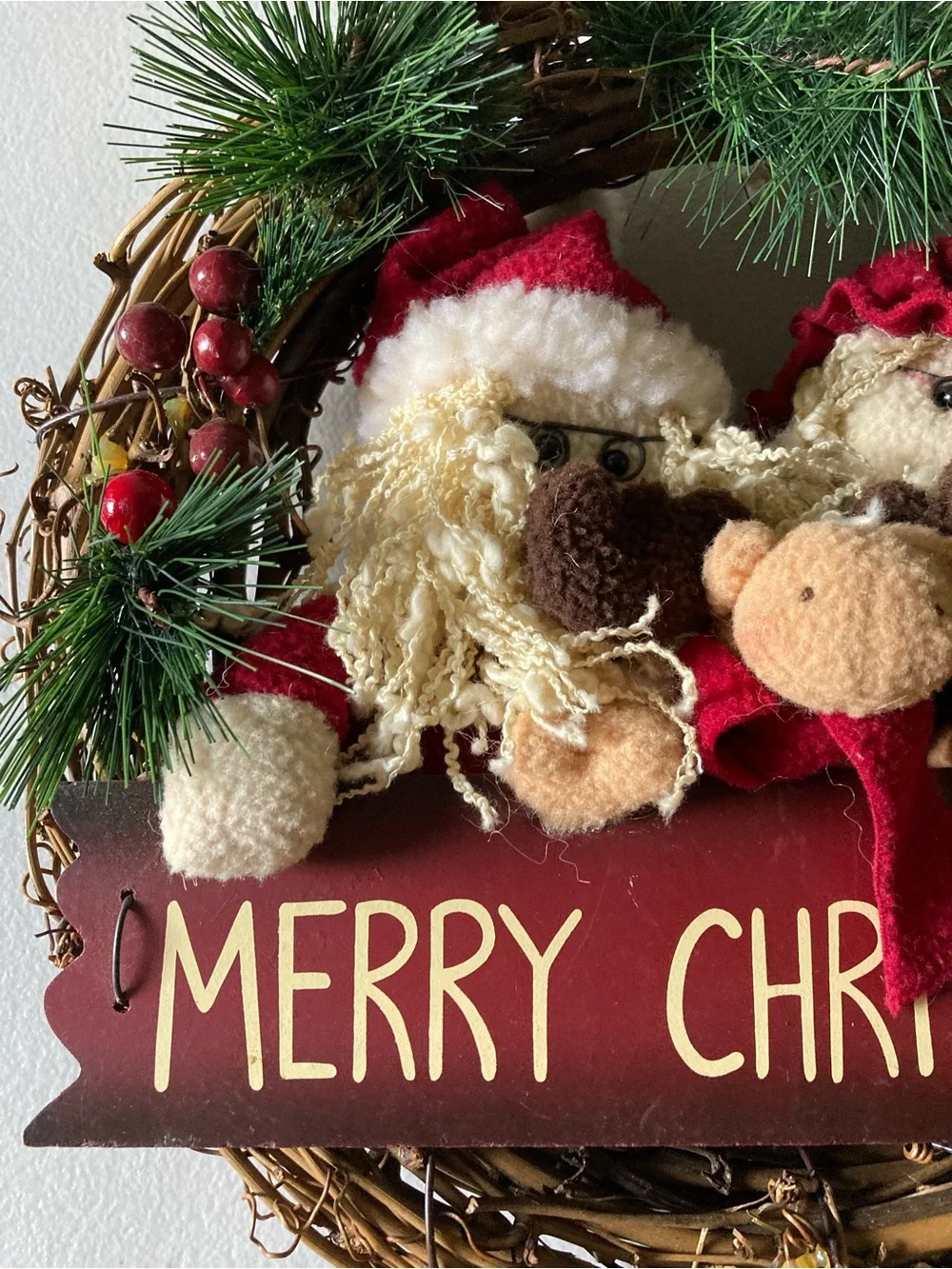 Christmas Twig Wreath Santa Reindeer Merry Christmas Sign 13” Diameter